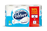 Velvet Comfort Toilet Rolls 50% Longer Lasting